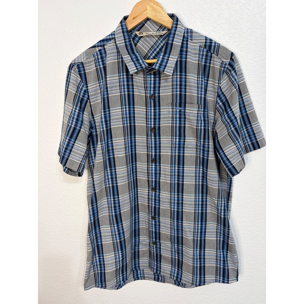 TravisMathew Mens L Blue Grey Plaid Short Sleeve Button Down Shirt Pocket Golf